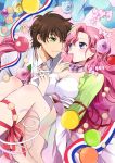  1girl breasts brown_hair candy choker cleavage code_geass couple dress euphemia_li_britannia flower formal gloves green_eyes heart holding_hands kurimomo kururugi_suzaku long_hair macaron necktie pastry pink_hair purple_eyes ribbon short_hair suit white_gloves 