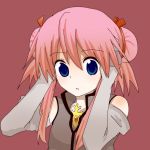  alternate_hairstyle bare_shoulders blue_eyes double_bun elbow_gloves gloves hair_bun hair_ribbon pink_background pink_hair presea_combatir ribbon solo tales_of_(series) tales_of_symphonia 