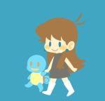  ahoge blue_(pokemon) blue_eyes blush_stickers brown_hair chibi earrings hand_holding jewelry kasu_tera nintendo pokemon pokemon_special smile squirtle white_boots 