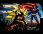  alien blonde_hair cape crossover dc_comics dragon_ball dragon_ball_z epic kryptonian long_hair male manly muscle s_shield son_goku son_gokuu super_saiyan superman superman_(series) 