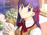  fate/stay_night fate_(series) food game_cg matou_sakura purple_eyes purple_hair ribbon school_uniform smile takeuchi_takashi 