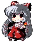  chibi crazy_developers fire fujiwara_no_mokou grin hair_ribbon long_hair red_eyes ribbon silver_hair smile solo suspenders touhou 