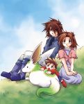  anna_irving brown_eyes brown_hair family kratos_aurion lloyd_irving redhead short_hair simple_background tales_of_symphonia 