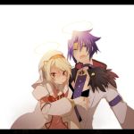  1girl alice_(tales_of_symphonia_kor) bad_id blonde_hair blue_eyes couple decus feathers fingerless_gloves gloves halo hat ichireihachi letterboxed male purple_hair shihage short_hair simple_background tales_of_(series) tales_of_symphonia tales_of_symphonia_knight_of_ratatosk white_background white_gloves yellow_eyes 