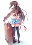  brown_eyes brown_hair from_behind futaori_arisa hair_ornament hairclip highres legs long_hair looking_back mary_janes original petals shoes skirt solo suitcase thigh-highs thighhighs zettai_ryouiki 