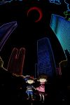  brown_hair chibi city cochlea crossover dark fisheye hat holding_hands madotsuki moon moonside mother_(game) mother_2 ness skirt skyscraper twintails yume_nikki 