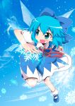  blue_eyes blue_hair bow cirno dress fairy_wings hair_bow massala snow solo touhou wings 