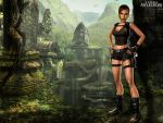  bike_shorts blood boots bracelet breasts brown_hair cleavage dirt female fingerless_gloves girl gloves gun hotpants lara_croft large_breasts legs long_hair midriff nature navel outdoors outside pistol ponytail scar shirt shorts socks solo tomb_raider weapon 