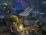  bed blonde_hair blue_eyes book bookshelf broom capelet curtains dark doll hairband hat kirisame_marisa lantern long_hair magic_circle night niwatori_takeshi ribbon ruler scissors shanghai shanghai_doll short_hair sleeping spool touhou window 