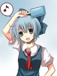  arm_up blue_hair bow cirno dress hair_bow hand_on_hip holding mitsu_yomogi musical_note open_mouth popsicle short_hair smile solo touhou 