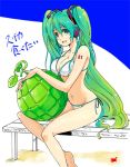  aqua_eyes aqua_hair barefoot bikini breasts cleavage food fruit hatsune_miku holding holding_fruit legs melon side-tie_bikini smile swimsuit twintails vocaloid watermelon 