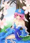  cherry_blossoms cleavage hat highres inu3 japanese_clothes kimono petals pink_eyes pink_hair saigyouji_yuyuko short_hair solo touhou 
