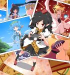  aki_minoriko black_hair double_spoiler food geta hakurei_reimu hat highres jeweled_pagoda kawashiro_nitori kirisame_marisa photo_(object) pointy_ears red_eyes shameimaru_aya short_hair skirt sweet_potato tengu-geta tokin_hat toramaru_shou touhou 