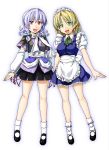  absurdres alto-00 apron arm_warmers blonde_hair braid cosplay costume_switch green_eyes highres izayoi_sakuya izayoi_sakuya_(cosplay) legs maid maid_headdress mizuhashi_parsee mizuhashi_parsee_(cosplay) multiple_girls nail_polish pointy_ears red_eyes ribbon scarf short_hair silver_hair socks touhou twin_braids 