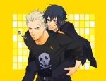  blonde_hair blue_eyes blue_hair bullet carrying grey_eyes kome_(89sion) kome_(artist) persona persona_4 piercing piggyback piggyback_ride reverse_trap scar school_uniform shirogane_naoto short_hair skull tatsumi_kanji 