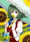  bust covering_face covering_mouth daisy flower green_hair hands holding holding_flower kazami_yuuka kintaro necktie parasol plaid_vest puffy_sleeves red_eyes short_hair smelling_flower solo sunflower touhou umbrella vest 