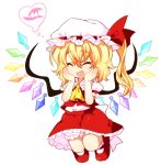  blush closed_eyes fang flandre_scarlet hands_on_own_face happy hat kiri_futoshi lowres open_mouth ribbon thinking thought_bubble touhou wings witch_hat 