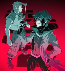  bantrain bare_shoulders bodysuit brown_hair capcom card cards charlie_nash fingerless_gloves gambit gloves holding holding_card male marvel marvel_vs._capcom marvel_vs._capcom_2 multiple_boys playing_card red_eyes stubble togatsuko trench_coat trenchcoat vest x-men 