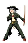  blush cosplay guilty_gear hat jacket johnny johnny_(cosplay) johnny_(guilty_gear) konpaku_youmu no_bra pants radia red_eyes silver_hair solo sweatdrop sword touhou weapon 