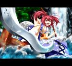  boat breasts cleavage highres japanese_clothes letterboxed momijioroshi onozuka_komachi open_mouth red_eyes red_hair redhead scythe short_hair solo touhou tree twintails water waterfall 