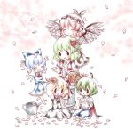  antennae arms_up ascot basket bow cape cherry_blossoms chibi chin_on_head chin_rest cirno closed_eyes column daisy earrings flower flower_wreath hair_bow hair_flower hair_ornament happy head_wings jewelry jumper kazami_yuuka kuromame_(8gou) mystia_lorelei outstretched_arms petals pillar red_rose rose rumia sitting skirt skirt_set team_9 touhou vest watering_can white_background wings wriggle_nightbug |_| 
