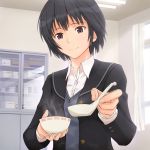  1girl amagami black_hair bowl brown_eyes feeding gebo nanasaki_ai pov_feeding school_uniform short_hair smile solo spoon steam 