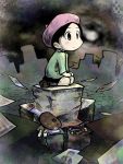  anzu_yoshihiro black_hair hat kirby_(series) nintendo paint paintbrush palette paper seiza short_hair sitting sitting_on_knees solo 