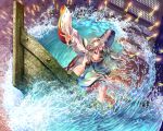  1girl arrow boat grey_eyes hat hat_ribbon long_sleeves looking_at_viewer mononobe_no_futo om_(carbohydratism) open_mouth outstretched_arms ponytail puffy_sleeves ribbon shirt silver_hair skirt smile solo surfing touhou water wide_sleeves 