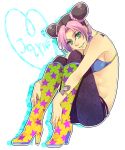  black_hair boots double_bun green_eyes green_lipstick hanaichi_(hana13) highres jojo_no_kimyou_na_bouken kujo_jolyne kuujou_jolyne leg_hug lipstick midriff multicolored_hair nail_polish pants pink_hair smile star star_print tattoo two-tone_hair 