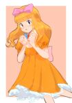  1boy 1girl ashley_(pokemon) bangs black_eyes blonde_hair blunt_bangs blush bow commentary_request crossdressinging dress floating_hair frills hair_bow hands_up highres kikuyoshi_(tracco) leg_up long_hair looking_at_viewer male_focus orange_dress pink_bow pokemon pokemon_(anime) pokemon_(classic_anime) pokemon_(creature) short_sleeves sketch solo 