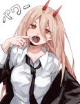  +_+ 1girl absurdres black_jacket blonde_hair chainsaw_man character_name collared_shirt commentary_request demon_horns fangs finger_in_mouth hair_between_eyes highres horns jacket kani_nyan long_hair looking_at_viewer mouth_pull necktie open_mouth power_(chainsaw_man) red_eyes shirt solo upper_body white_shirt 