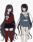  2girls alternate_hairstyle arm_behind_back bangs black_hair black_skirt bow brown_hair buttons chabashira_tenko collarbone commentary dangan_ronpa_(series) dangan_ronpa_v3:_killing_harmony double-breasted feet_out_of_frame green_eyes hair_ornament hairclip harukawa_maki highres kneehighs layered_skirt long_hair long_sleeves midriff miniskirt mole mole_under_eye mole_under_mouth multiple_girls navel pleated_skirt red_eyes red_legwear red_shirt sailor_collar school_uniform sema_(vivaviva_02) serafuku shirt skirt smile symbol_commentary thigh-highs very_long_hair white_bow white_legwear white_sailor_collar zettai_ryouiki 