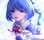  1girl bangs blue_background blue_bow blue_dress blue_eyes blue_hair bow buttons cirno collar dress eyebrows_visible_through_hair hand_up highres ice ice_wings light looking_at_viewer mozuno_(mozya_7) puffy_short_sleeves puffy_sleeves red_bow red_neckwear shadow shirt short_hair short_sleeves solo touhou white_background white_shirt white_sleeves wings 