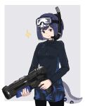  1girl alternate_costume andreana_(arknights) arknights black_hair closed_mouth diving_mask diving_mask_on_head diving_suit eyebrows_visible_through_hair goggles goggles_on_head gun holding kumamoto_aichi long_sleeves short_hair shorts smug snorkel solo tentacles weapon 
