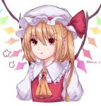  1girl angry artist_name bangs blonde_hair closed_mouth collar crystal dress eyebrows_visible_through_hair eyes_visible_through_hair flandre_scarlet gem hair_between_eyes hat hat_ribbon highres jewelry looking_to_the_side mob_cap mozuno_(mozya_7) multicolored multicolored_wings one_side_up puffy_short_sleeves puffy_sleeves red_dress red_eyes red_ribbon ribbon shirt short_hair short_sleeves simple_background solo touhou twitter_username upper_body white_background white_headwear white_shirt white_sleeves wings yellow_neckwear 