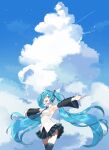  1girl absurdres armpits bare_shoulders belt black_legwear black_skirt blue_eyes blue_hair blue_neckwear blue_sky breasts cannyu clothes_lift clouds cloudy_sky collared_shirt condensation_trail contrapposto cumulonimbus_cloud day detached_sleeves eyebrows_visible_through_hair eyelashes feet_out_of_frame fingernails floating_hair hair_between_eyes hatsune_miku highres light_particles long_hair looking_at_viewer medium_breasts necktie open_mouth outdoors outstretched_arms pale_skin pleated_skirt see-through_sleeves shiny shiny_hair shirt sideboob sidelocks skirt skirt_lift sky sleeveless sleeveless_shirt smile solo sparkle teeth thigh-highs thighs tie_clip twintails upper_teeth very_long_hair vocaloid white_shirt wide_shot wind wind_lift zettai_ryouiki 