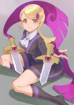  1girl ace_trainer_(pokemon) bangs blonde_hair breasts closed_mouth commentary_request doublade dress eyelashes gen_6_pokemon hair_ornament hairclip hand_up highres kikuyoshi_(tracco) long_hair long_sleeves looking_at_viewer no_shoes npc_trainer pokemon pokemon_(creature) pokemon_(game) pokemon_xy purple_ribbon ribbon sitting socks swept_bangs white_neckwear yellow_eyes 