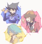  3boys =3 ^_^ aoki_(fumomo) aqua_hair backpack bag bangs black_hair black_shirt blue_coat brown_hair card closed_eyes coat duel_academy_uniform_(yu-gi-oh!_gx) duel_monster glasses hair_between_eyes high_collar holding holding_card jacket long_sleeves male_focus manjoume_jun marufuji_shou multiple_boys ojama_yellow one_eye_closed open_mouth red_jacket shirt simple_background spiky_hair yellow_jacket yu-gi-oh! yu-gi-oh!_gx yuuki_juudai 