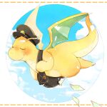  bag blush brown_bag brown_headwear closed_eyes closed_mouth clouds commentary_request day dragonite envelope flying full_body gen_1_pokemon hat hatted_pokemon naoto_(shion) no_humans pokemon pokemon_(creature) sky smile solo 