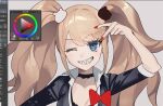  1girl arm_up bangs bear_hair_ornament black_bra black_shirt blue_eyes bow bra breasts choker collarbone dangan_ronpa:_trigger_happy_havoc dangan_ronpa_(series) enoshima_junko grey_background grin hair_ornament highres large_breasts long_hair looking_at_viewer nail_polish one_eye_closed red_bow red_nails seveneightdu sharp_teeth shiny shiny_hair shirt simple_background smile solo tagme teeth twintails underwear unfinished upper_body v 