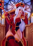  1girl hat looking_at_another red_eyes red_headwear red_legwear red_lips sally_whitemane sienna_(artist) staff thick_thighs thighs warcraft white_hair world_of_warcraft 
