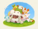  blush closed_eyes commentary_request gen_8_pokemon grass grookey kikuyoshi_(tracco) no_humans open_mouth outline pokemon pokemon_(creature) scorbunny signature sleeping sobble sparkle starter_pokemon_trio tongue wooloo zzz 