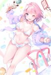  1girl bikini blue_eyes bread_slice breasts cellphone demon_girl demon_wings double_scoop food glasses highres ice_cream ice_cream_cone kanola_u looking_at_viewer macaron medium_breasts mini_wings one_eye_closed original phone pink_hair short_hair smartphone smile solo swimsuit toast wings 