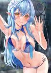  1girl against_glass arm_up bangs bikini blue_hair blush breasts closed_mouth collarbone elf eyebrows_visible_through_hair flower hair_between_eyes hair_flower hair_ornament highres hololive large_breasts lips long_hair looking_at_viewer navel pointy_ears saruei skindentation smile solo swimsuit virtual_youtuber wet yellow_eyes yukihana_lamy 