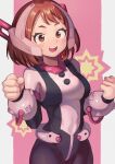  1girl :d absurdres bodysuit boku_no_hero_academia breasts brown_eyes brown_hair clenched_hands commentary_request grey_background headpiece highres looking_at_viewer medium_breasts open_mouth pink_background short_hair smile solo sooon teeth two-tone_background upper_teeth uraraka_ochako 