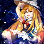  1girl bangs blonde_hair bow eyebrows_visible_through_hair eyes_visible_through_hair hair_between_eyes highres kirisame_marisa long_hair looking_at_viewer mozuno_(mozya_7) one-hour_drawing_challenge open_mouth smile solo touhou yellow_eyes 