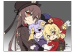 3girls ahoge backpack bag bag_charm bangs bead_necklace beads blonde_hair brown_hair cabbie_hat charm_(object) chinese_clothes clover_print coin_hair_ornament commentary_request dodoco_(genshin_impact) eyebrows_visible_through_hair flower genshin_impact hair_between_eyes hat hat_feather hat_flower hat_ornament highres hu_tao_(genshin_impact) hug jewelry jiangshi klee_(genshin_impact) koufu_(seratin) long_hair long_sleeves looking_at_another looking_at_viewer low_twintails multiple_girls necklace ofuda orange_eyes parted_lips pointy_ears purple_hair qing_guanmao qiqi_(genshin_impact) randoseru red_eyes scared sidelocks simple_background smile sweat symbol-shaped_pupils twintails twitter_username violet_eyes 