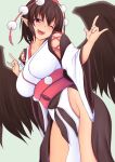  1girl :d \m/ bird_wings black_hair black_wings breasts collarbone commentary_request hat highres kim0501 large_breasts looking_at_viewer one_eye_closed pointy_ears red_eyes shameimaru_aya smile solo touhou wings 