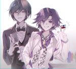  2boys bangs black_bow black_hair black_jacket blush bow bowtie brown_hair checkered checkered_neckwear cup dangan_ronpa_(series) dangan_ronpa_10th_anniversary_costume dangan_ronpa_v3:_killing_harmony grey_background grin half-closed_eyes hand_in_pocket hand_up highres jacket jey_(j3y) male_focus multiple_boys ouma_kokichi parted_lips poker_chip purple_hair purple_shirt saihara_shuuichi shirt short_hair simple_background smile teeth upper_body vest violet_eyes white_jacket white_vest yellow_eyes 