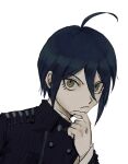  1boy absurdres ahoge bangs black_hair black_jacket brown_eyes buttons closed_mouth commentary_request dangan_ronpa_(series) dangan_ronpa_v3:_killing_harmony double-breasted hair_between_eyes hand_up highres jacket long_sleeves looking_at_viewer male_focus saihara_shuuichi sema_(vivaviva_02) serious short_hair simple_background solo striped_jacket thinking upper_body white_background 